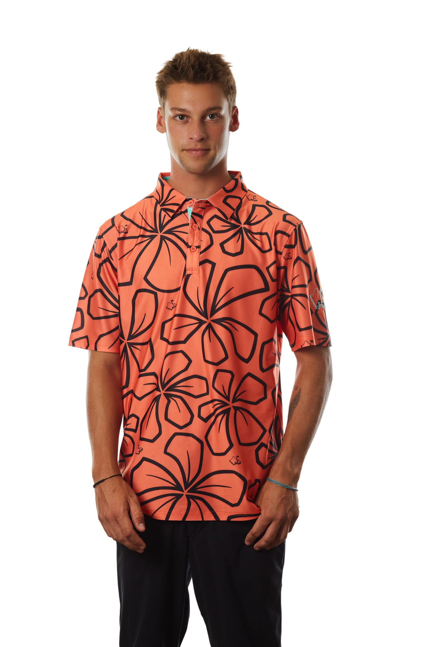 "Retro Plumeria" Coral - OGA Men's Polo - Coral Orange / Black