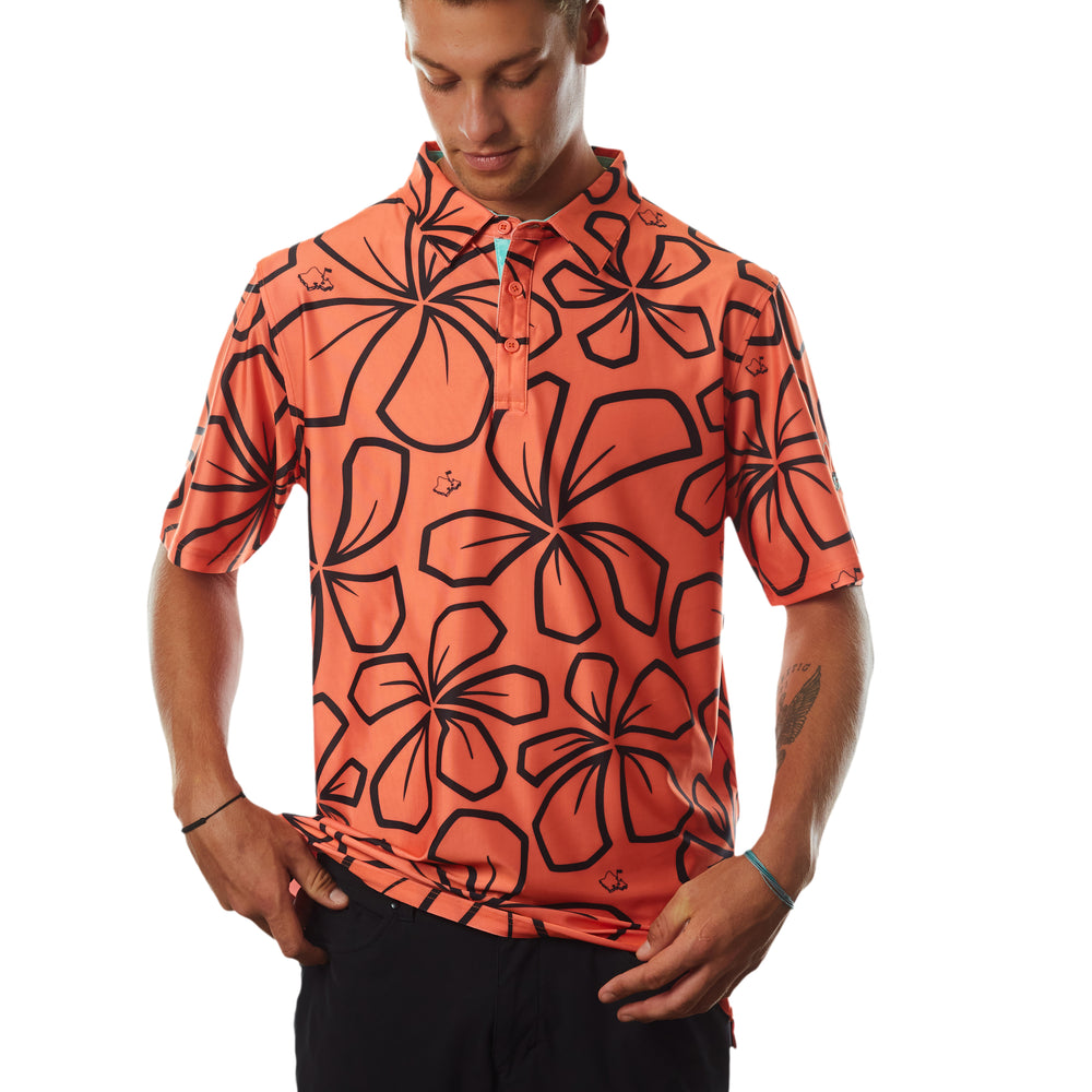 
                      
                        "Retro Plumeria" Coral - OGA Men's Polo - Coral Orange / Black
                      
                    