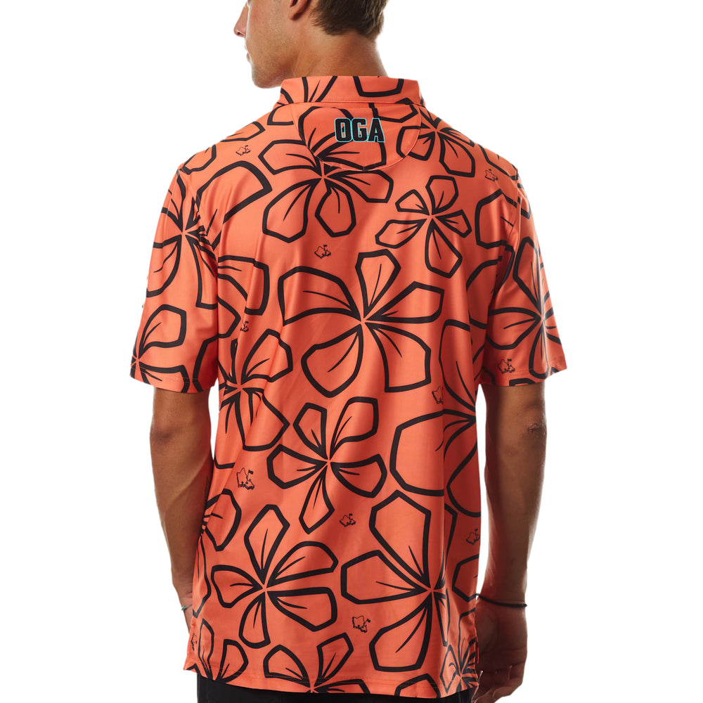 
                      
                        "Retro Plumeria" Coral - OGA Men's Polo - Coral Orange / Black
                      
                    