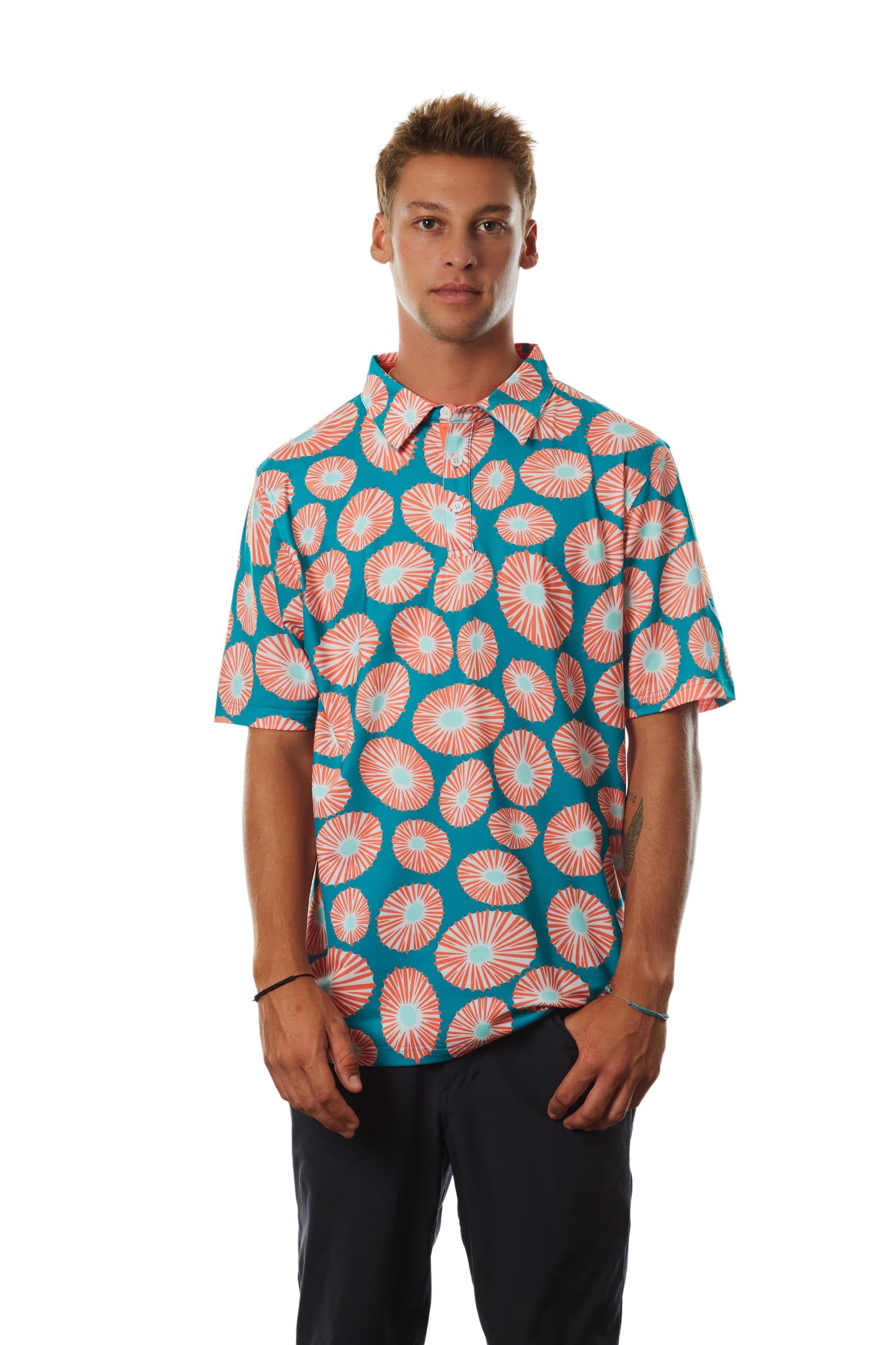 "Opihi Cluster" Deep Seafoam - OGA Men's Polo - Deep Seafoam / Coral