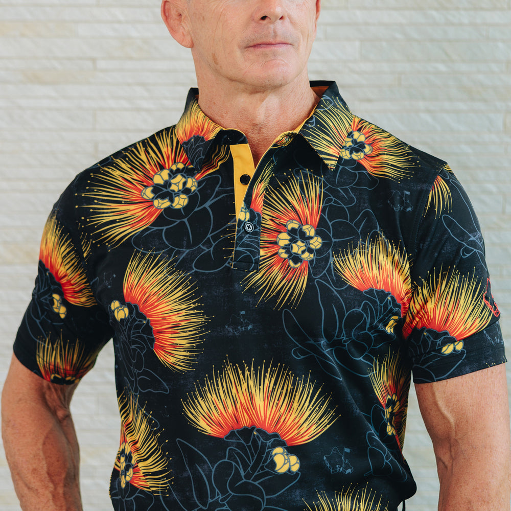 "Ohia Lehua" Amber Red - OGA Men's Polo - Black Amber