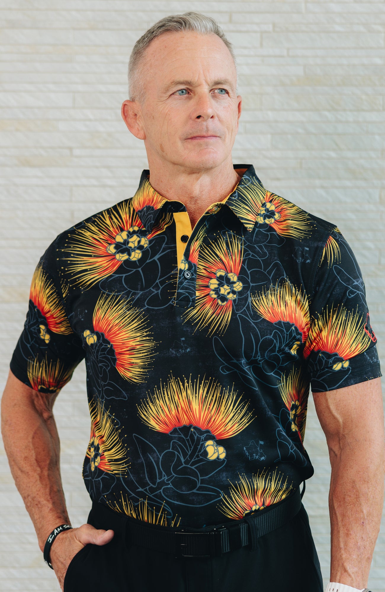 "Ohia Lehua" Amber Red - OGA Men's Polo - Black Amber