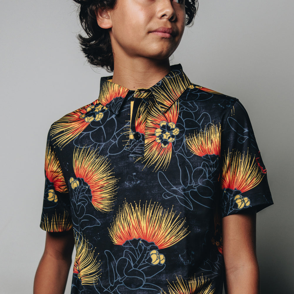 "Ohia Lehua" Amber Red - OGA Youth Polo - Black Amber