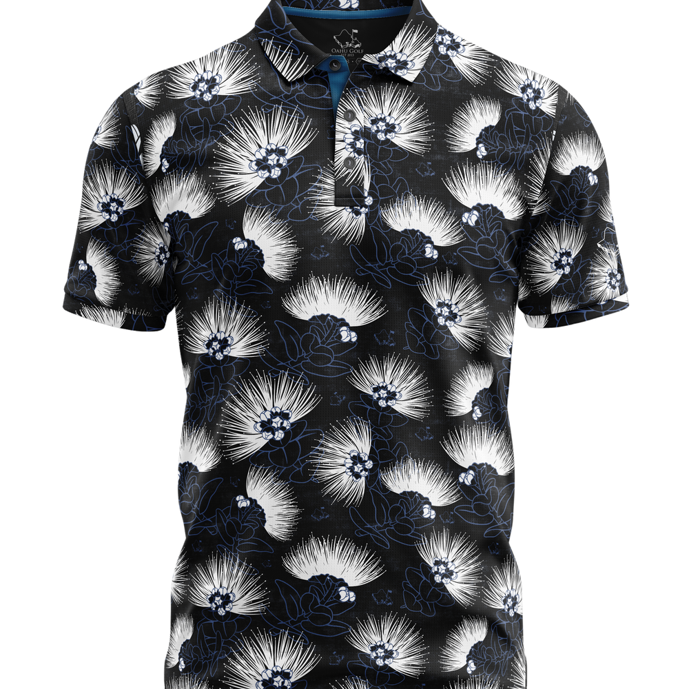 "Ohia Lehua" Ghost Bloom - OGA Men's Polo - Black / White