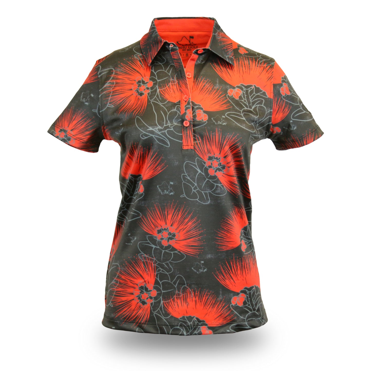 "Ohia Lehua" BRED 2 - OGA Women's Polo - Obsidian Black / Red Lava