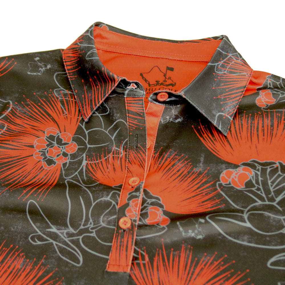 "Ohia Lehua" BRED 2 - OGA Women's Polo - Obsidian Black / Red Lava