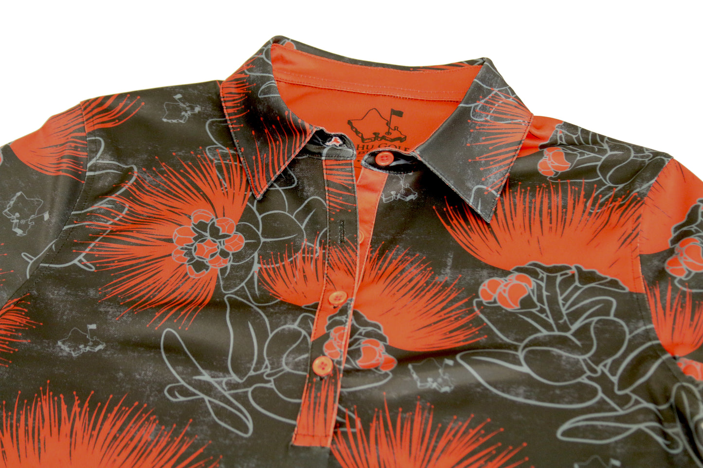 "Ohia Lehua" BRED 2 - OGA Women's Polo - Obsidian Black / Red Lava