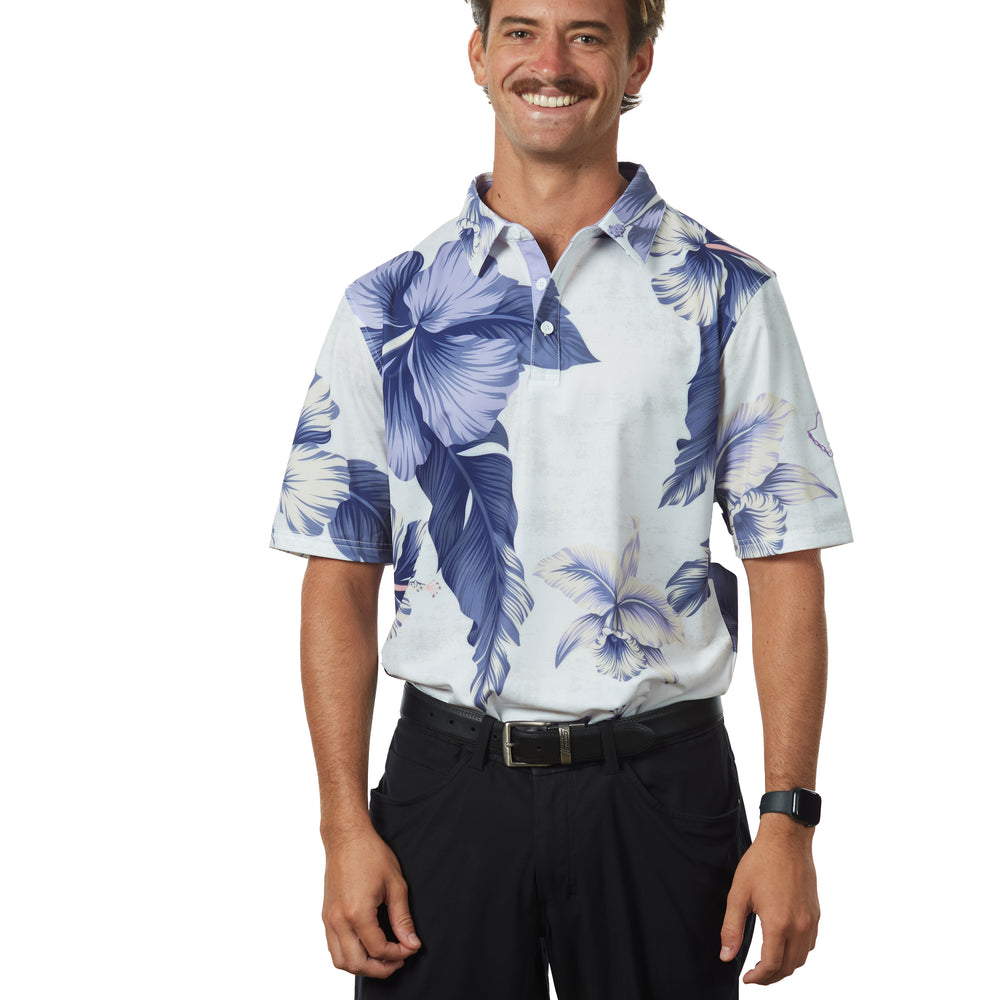 
                      
                        "Shmood Kine" Haupia White - OGA Men's Polo - White / Lavender
                      
                    