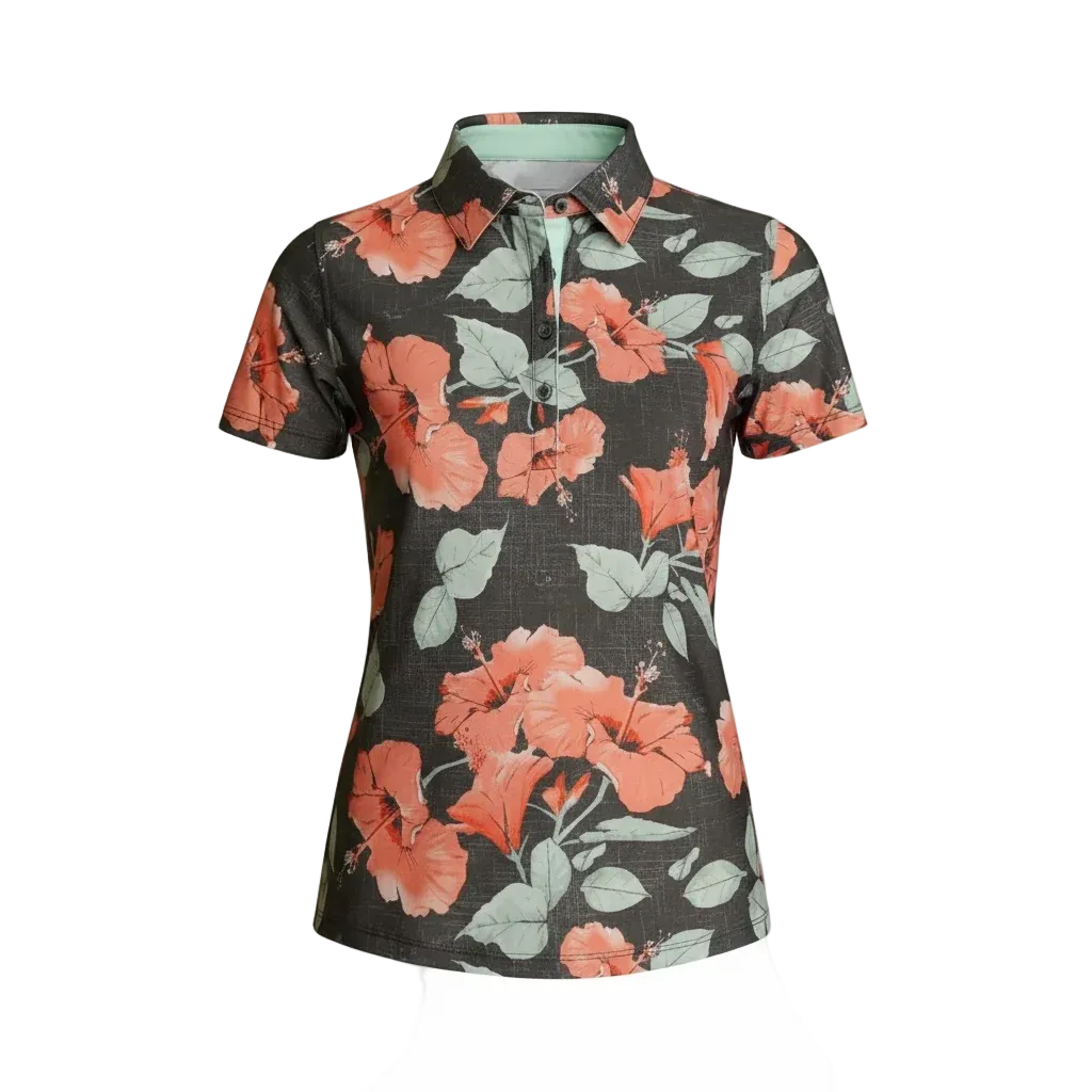 "Peaches and Cream" Night Blossom - OGA Women's Polo - Black / Red