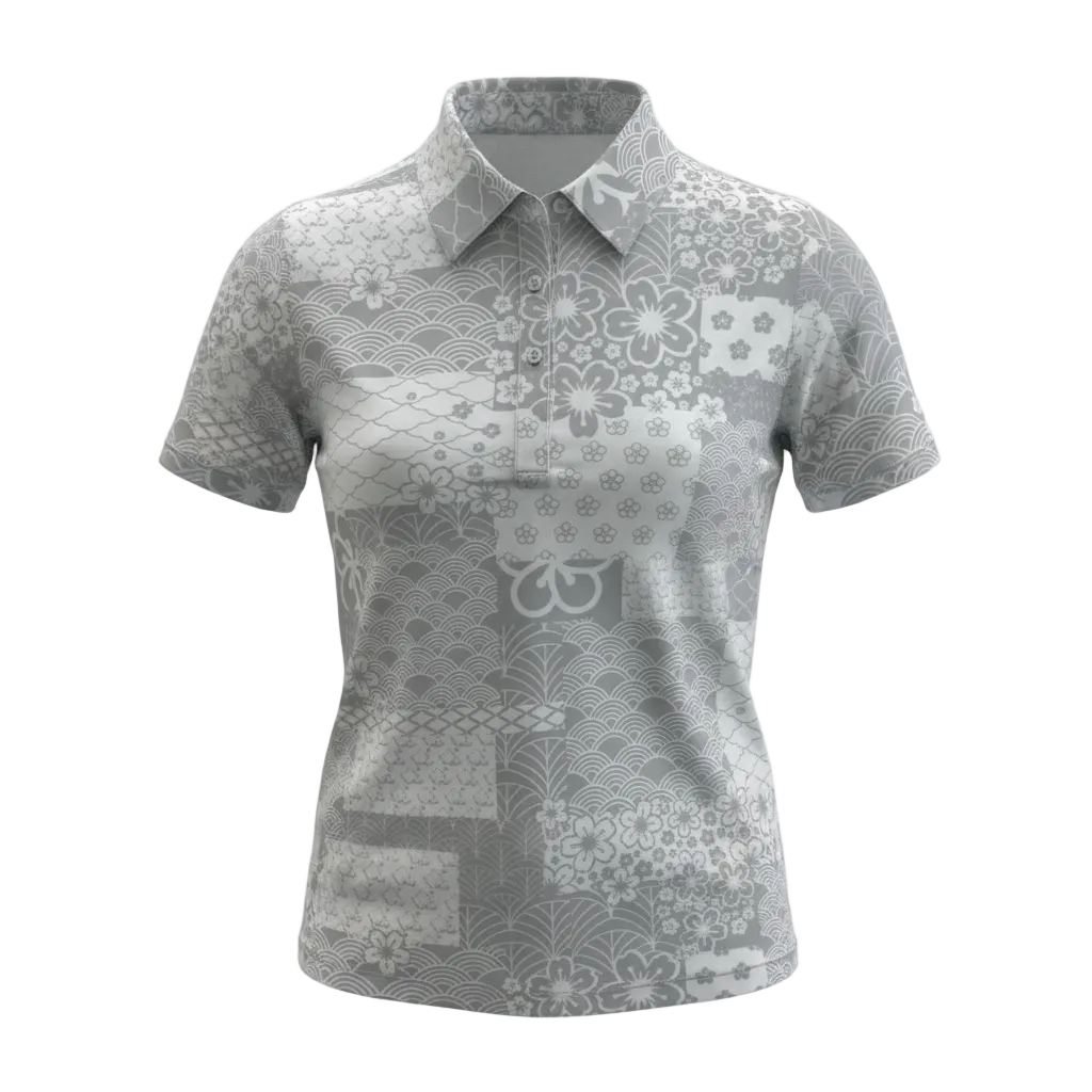 "Sashiko" Silver Mist - OGA Women's Polo - Silver / White