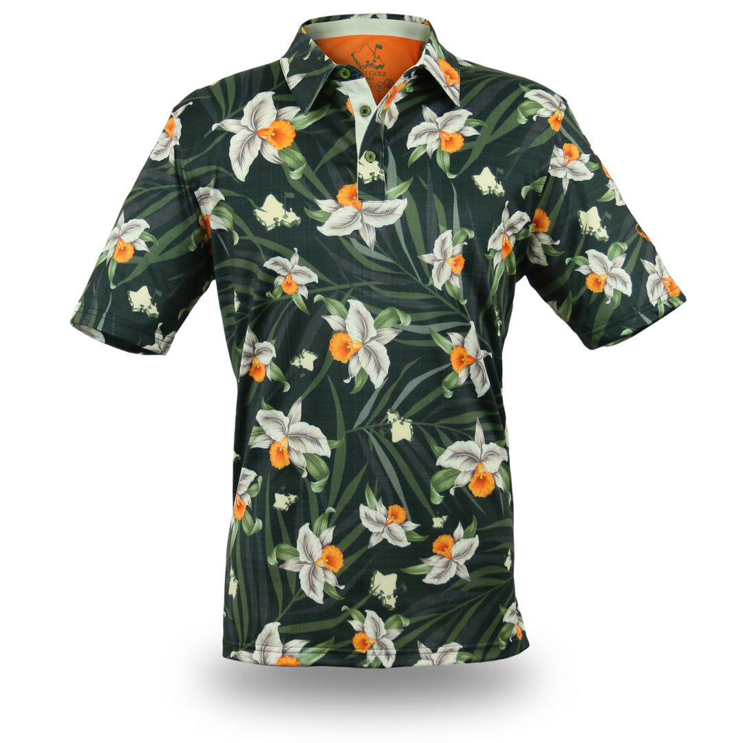 "Queen Orchids" Camo - OGA Men's Polo - Black Camo Green