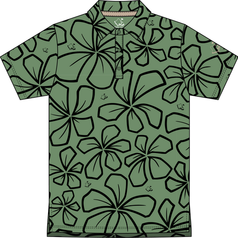 "Retro Plumeria" Luau Green - OGA Youth Polo - Luau Green / Black