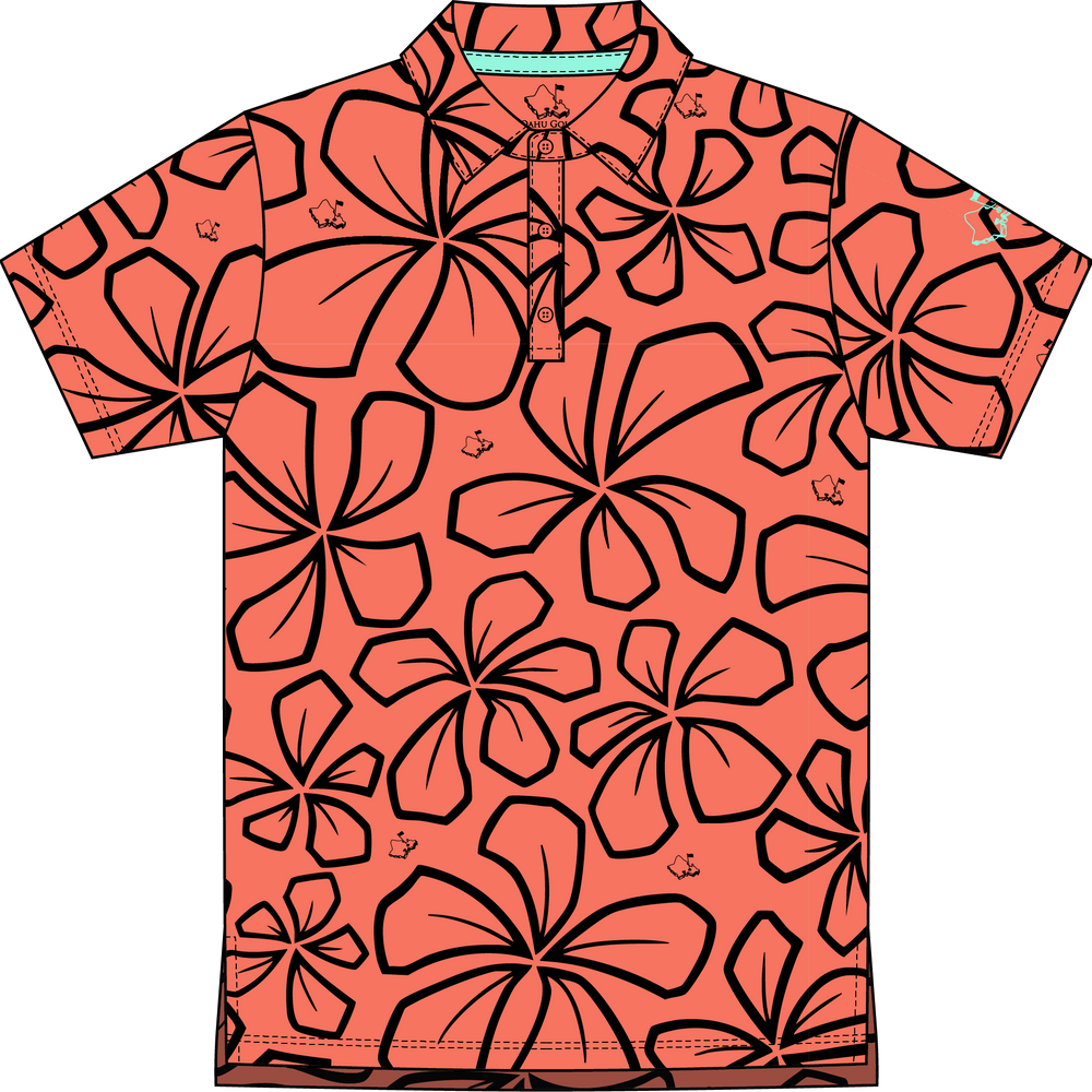 "Retro Plumeria" Coral - OGA Youth Polo - Coral Orange / Black