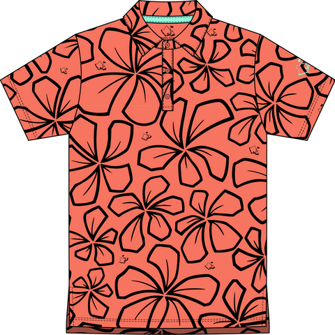 "Retro Plumeria" Coral - OGA Youth Polo - Coral Orange / Black