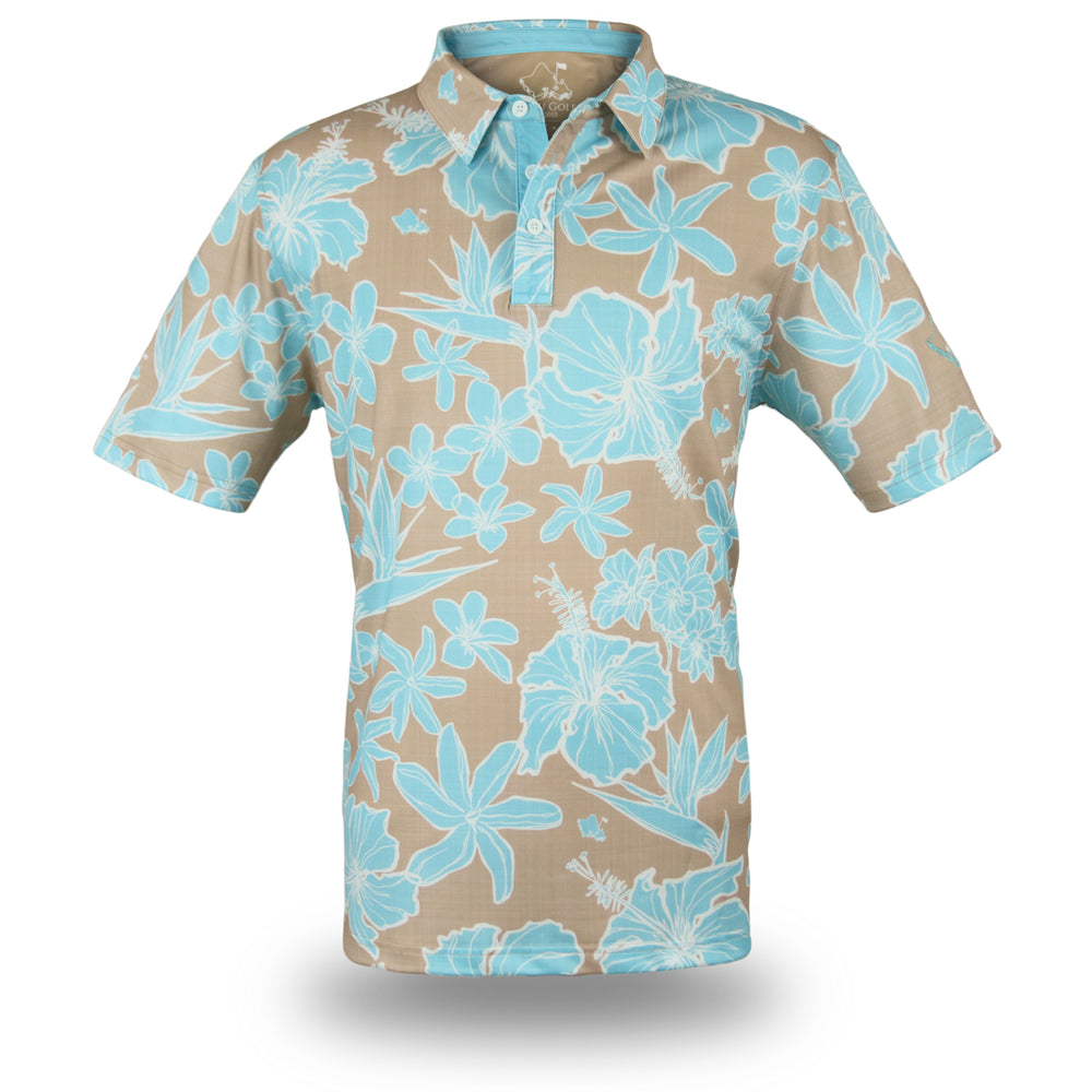 "Sketchy Floral Sandy Aqua" - OGA Men's Polo - Sand and Aqua