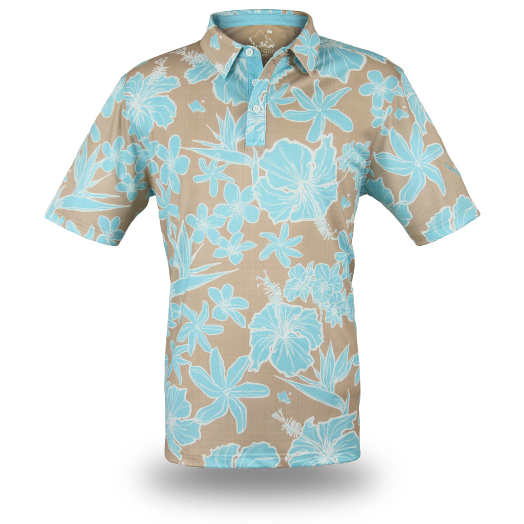 "Sketchy Floral Sandy Aqua" - OGA Men's Polo - Sand and Aqua