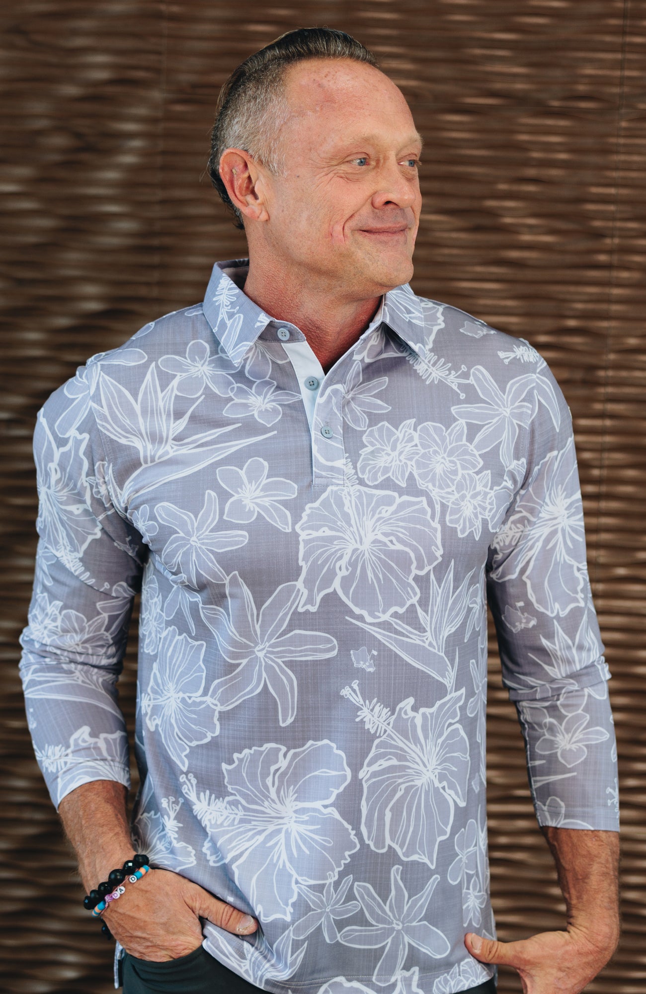 Sketchy Floral Downtown Gray OGA Men s Long Sleeve Polo Gray Oahu Golf Apparel