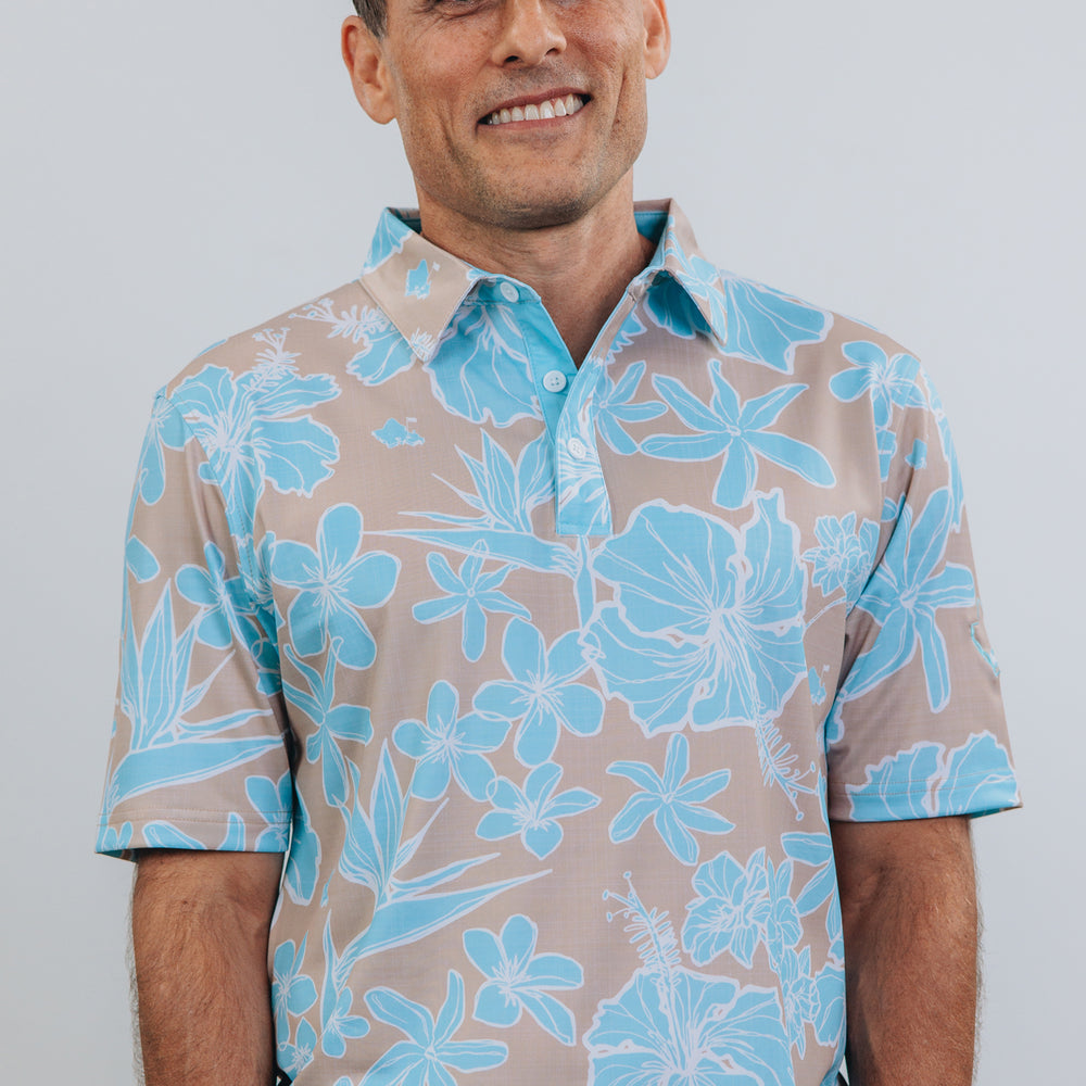 "Sketchy Floral Sandy Aqua" - OGA Men's Polo - Sand and Aqua