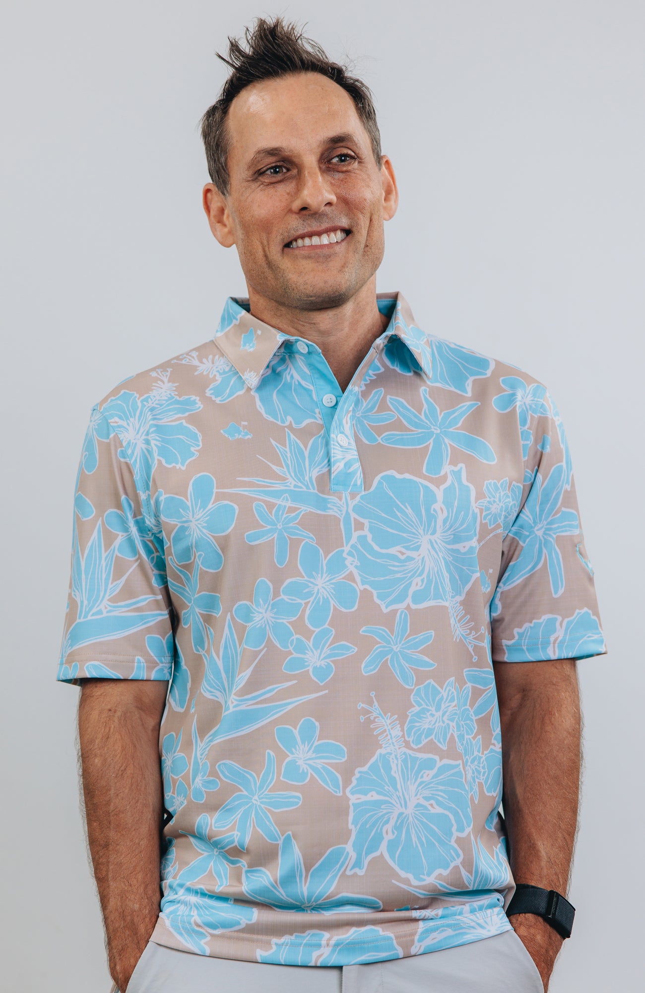 "Sketchy Floral Sandy Aqua" - OGA Men's Polo - Sand and Aqua