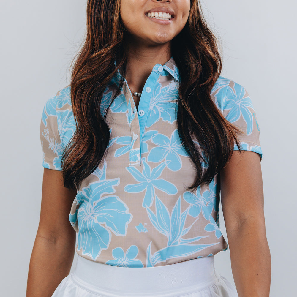 "Sketchy Floral Sandy Aqua" - OGA Women's Polo - Sand and Aqua