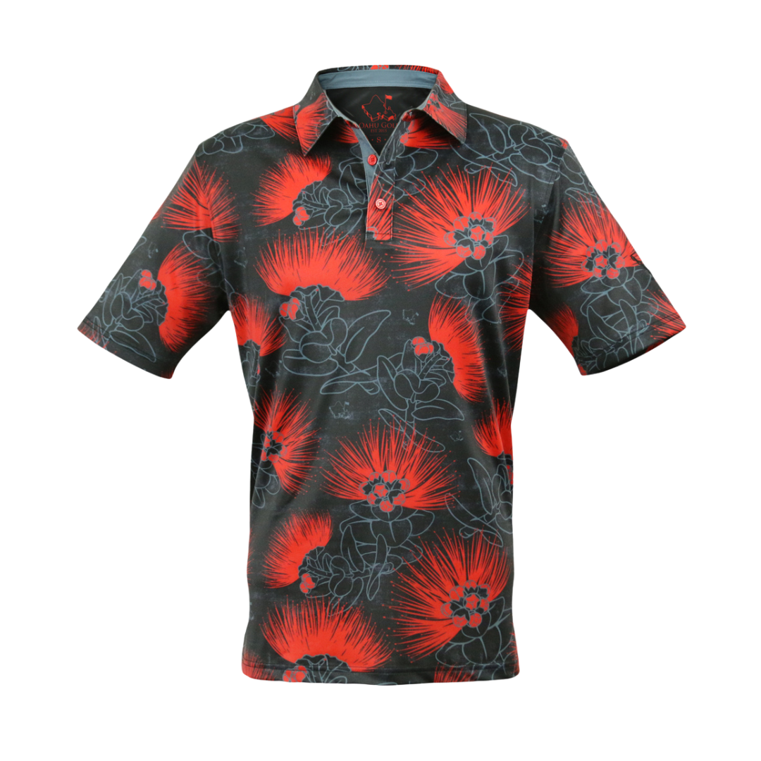 "Ohia Lehua" BRED 2 - OGA Men's Polo - Obsidian Black / Red Lava