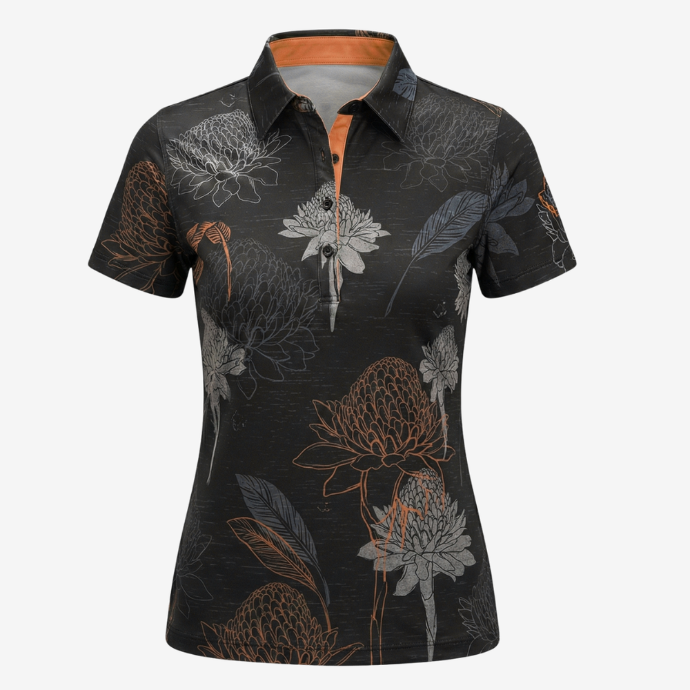 "Tropical Ginger" Clear Black - OGA Women's Polo - Black / Tan