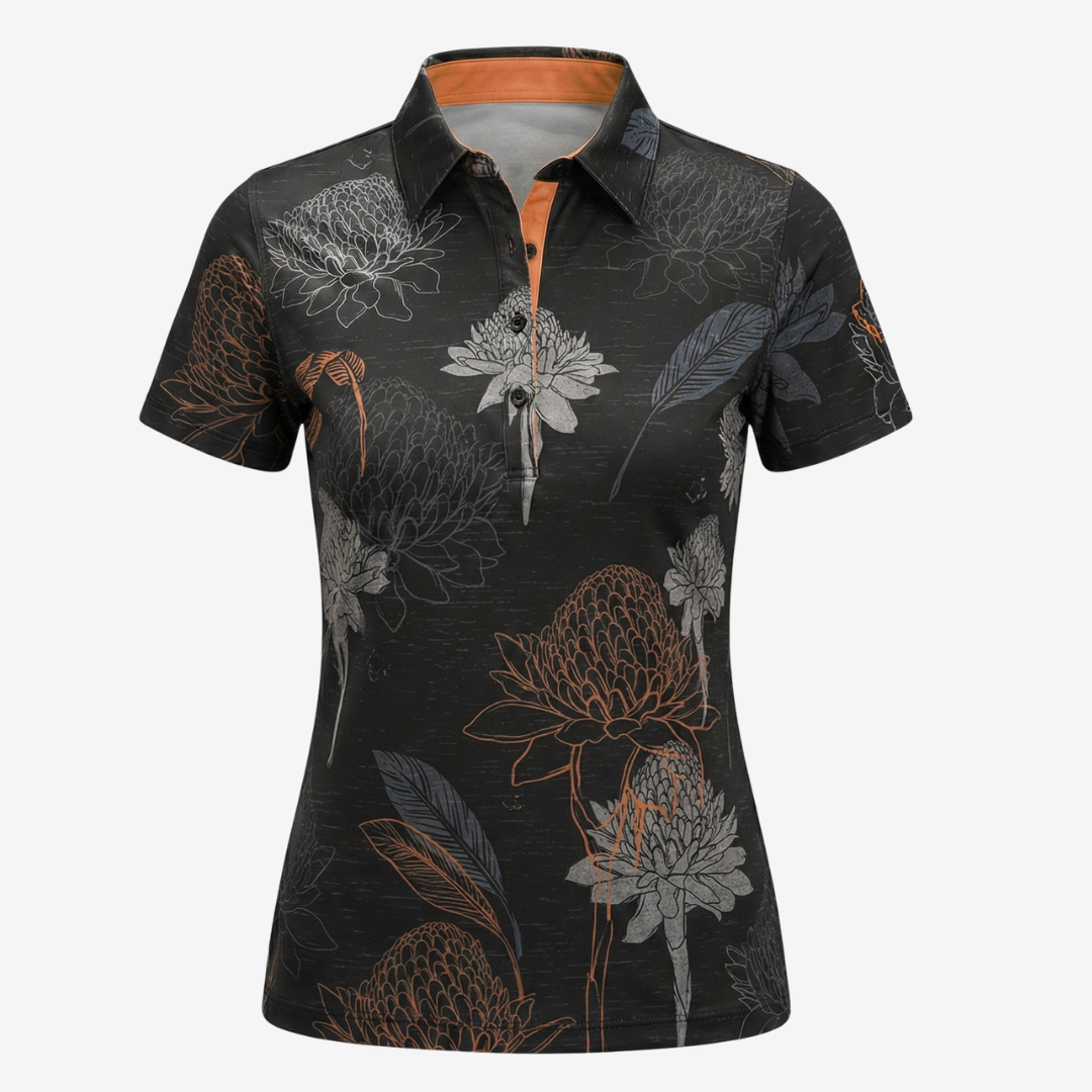 "Tropical Ginger" Clear Black - OGA Women's Polo - Black / Tan