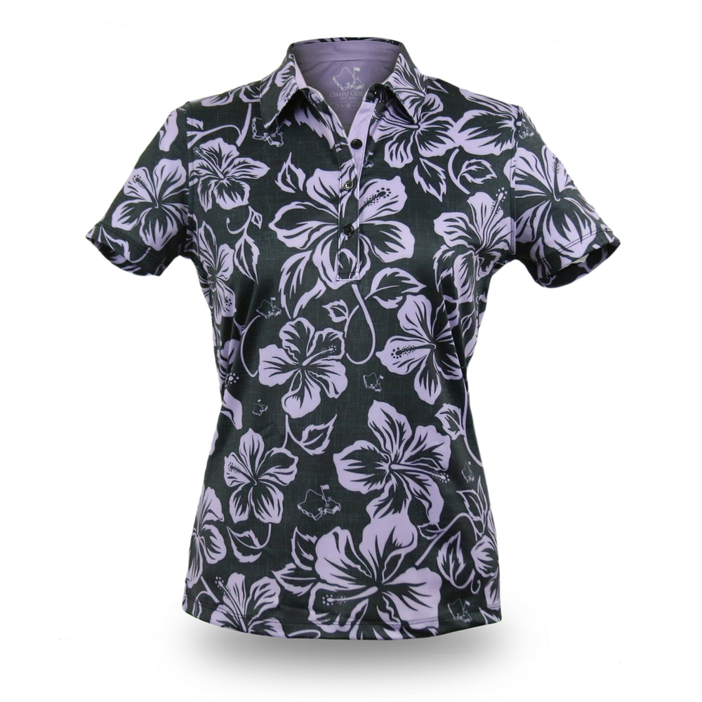 
                      
                        "HIbiscus Pareu" Midnight Lavender - OGA Women's Polo - Black / Lavender
                      
                    