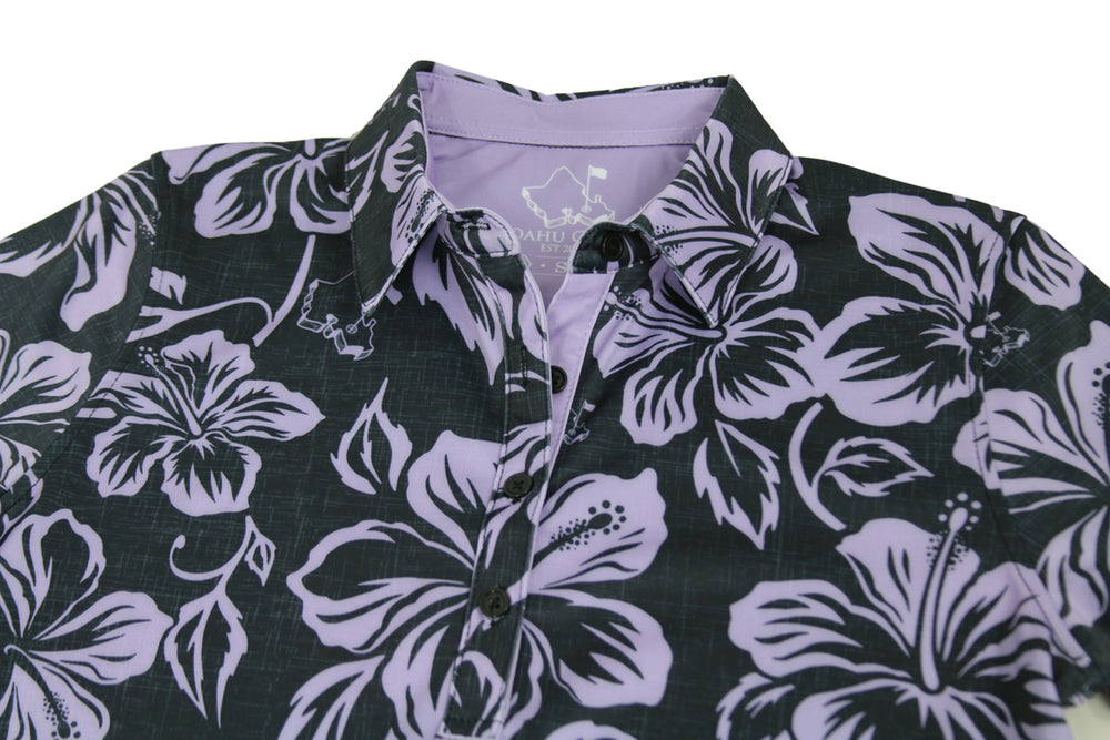 
                      
                        "HIbiscus Pareu" Midnight Lavender - OGA Women's Polo - Black / Lavender
                      
                    