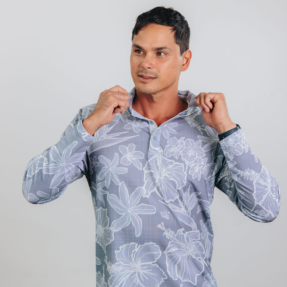 "Sketchy Floral" Downtown Gray - OGA Men's Long Sleeve Polo - Gray