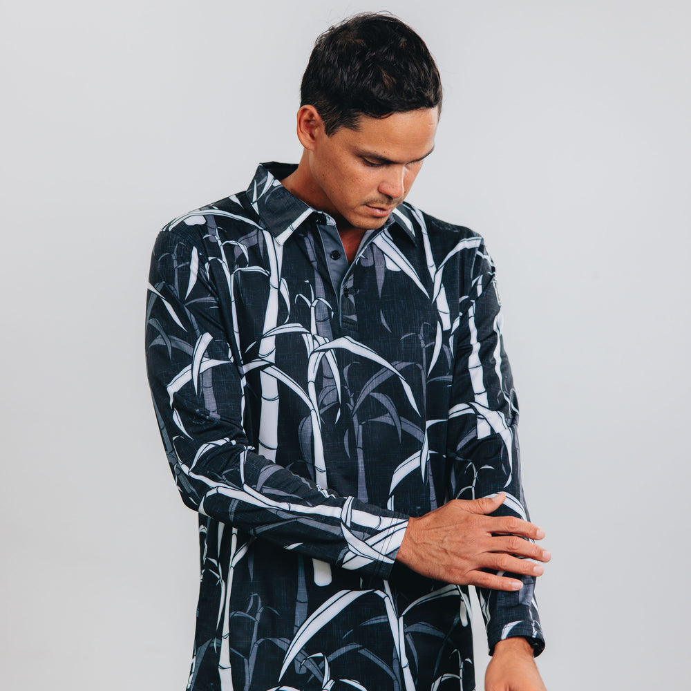 "Sugarcane" Onyx Fields - OGA Men's Long Sleeve Polo - Onyx