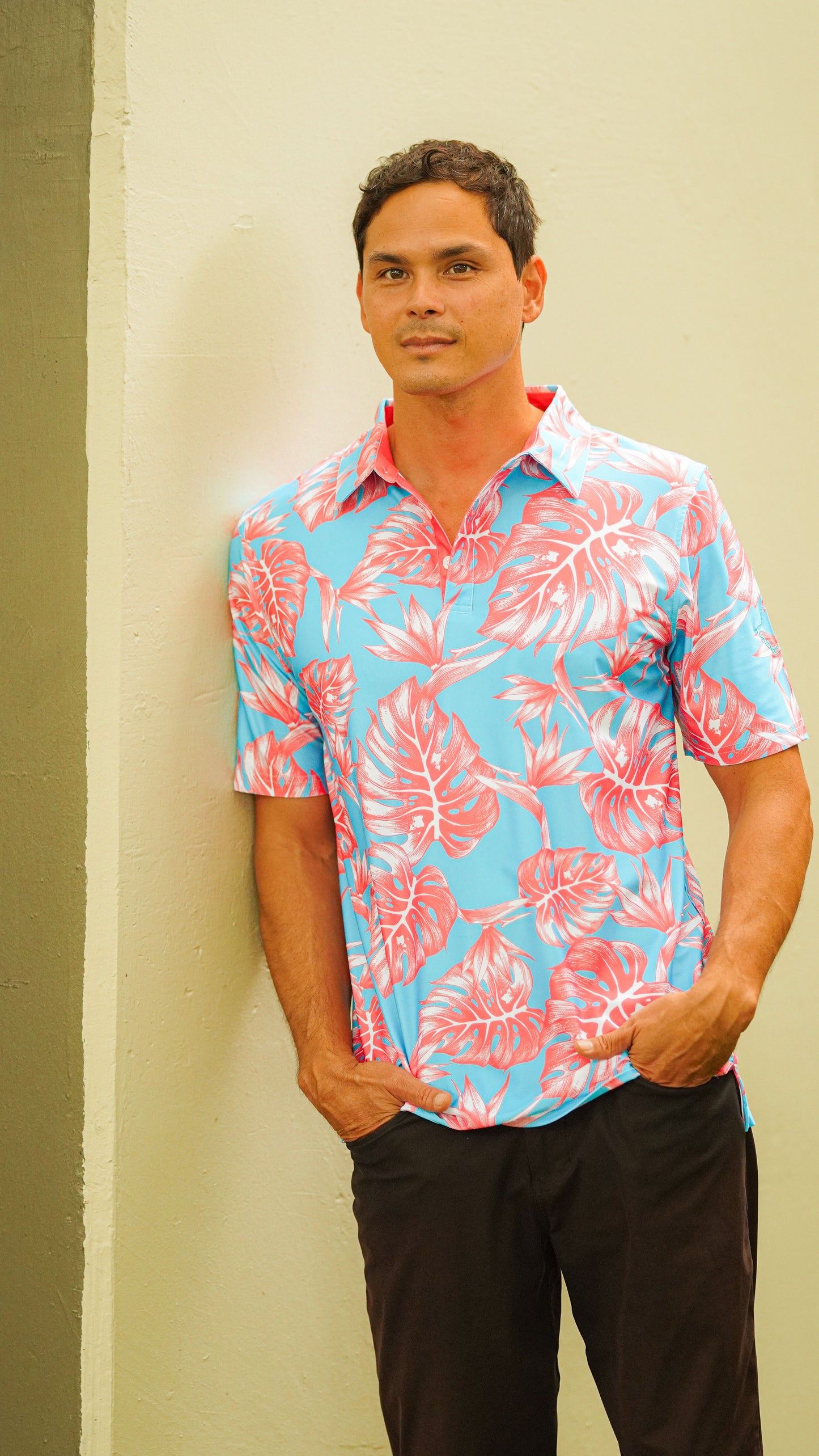 "Jungle" Tropical Sky - OGA Men's Polo - Pink / Sky Blue