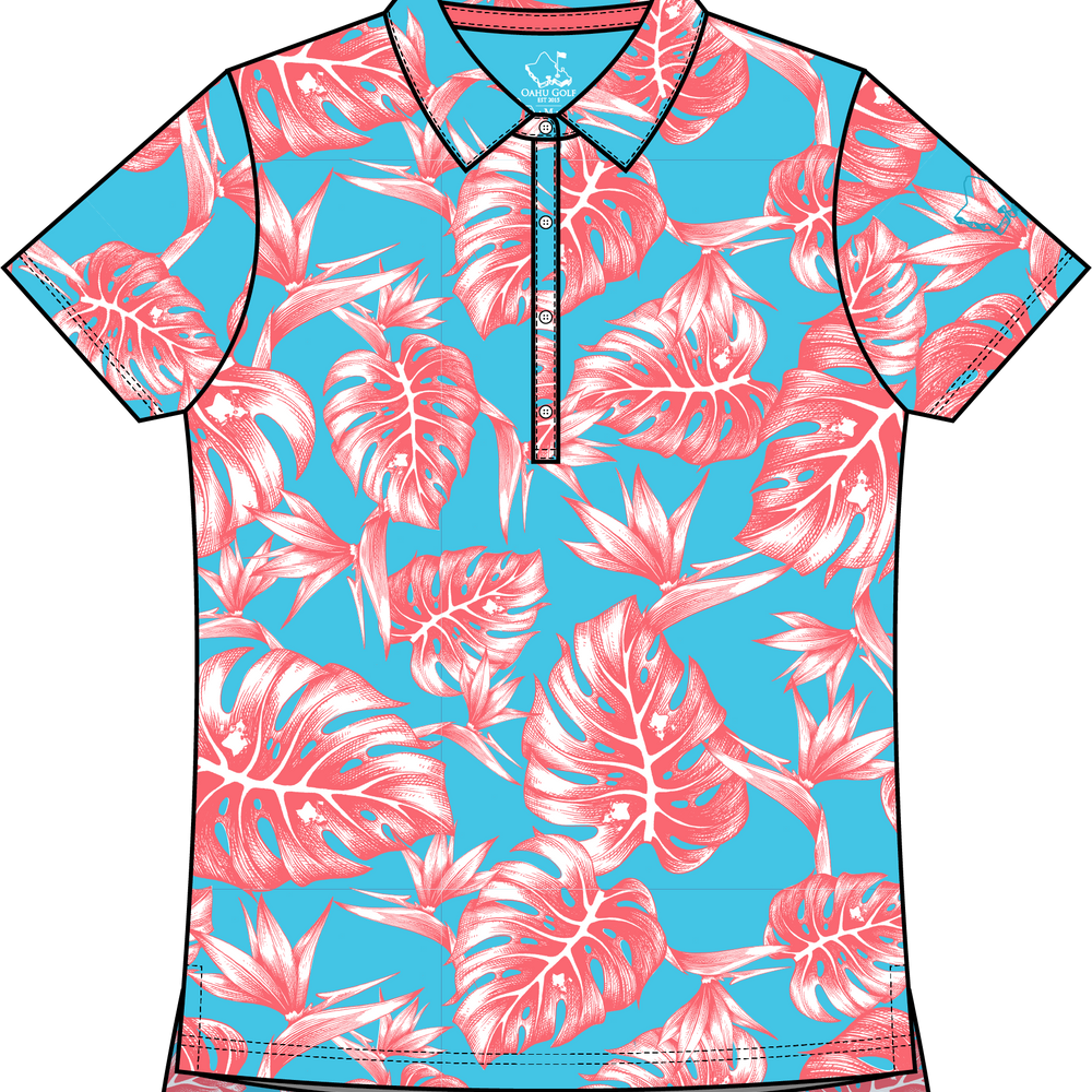 "Jungle" Tropical Sky - OGA Women's Polo - Pink / Sky Blue