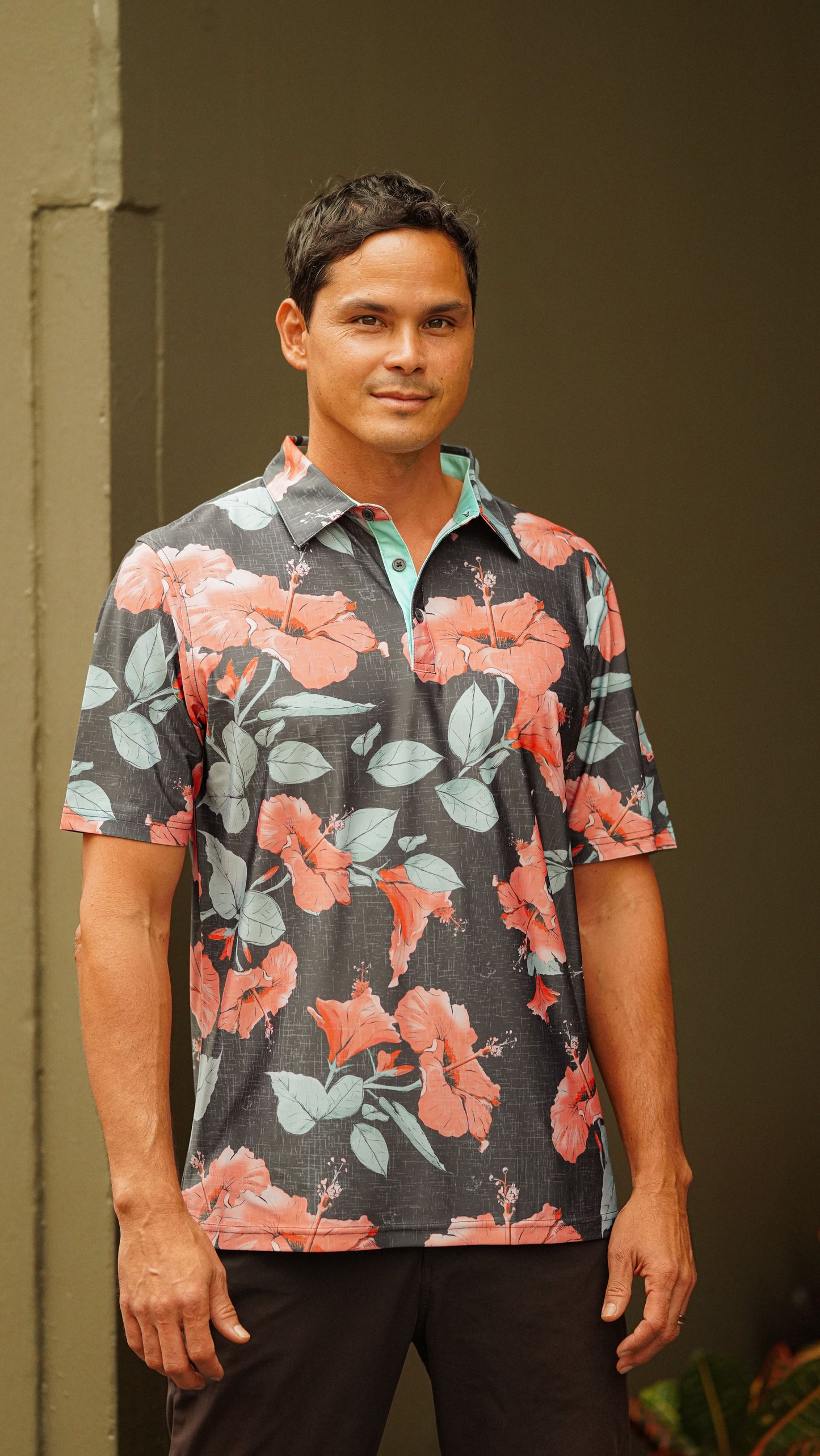 "Peaches and Cream" Night Blossom- OGA Men's Polo - Black / Red