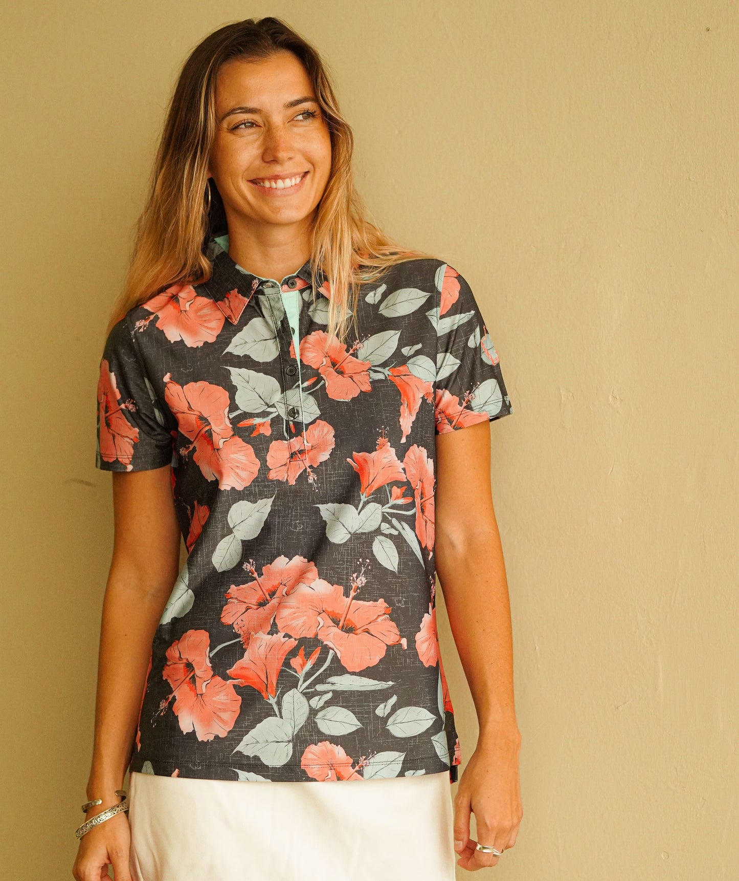 "Peaches and Cream" Night Blossom- OGA Women's Polo - Black / Red
