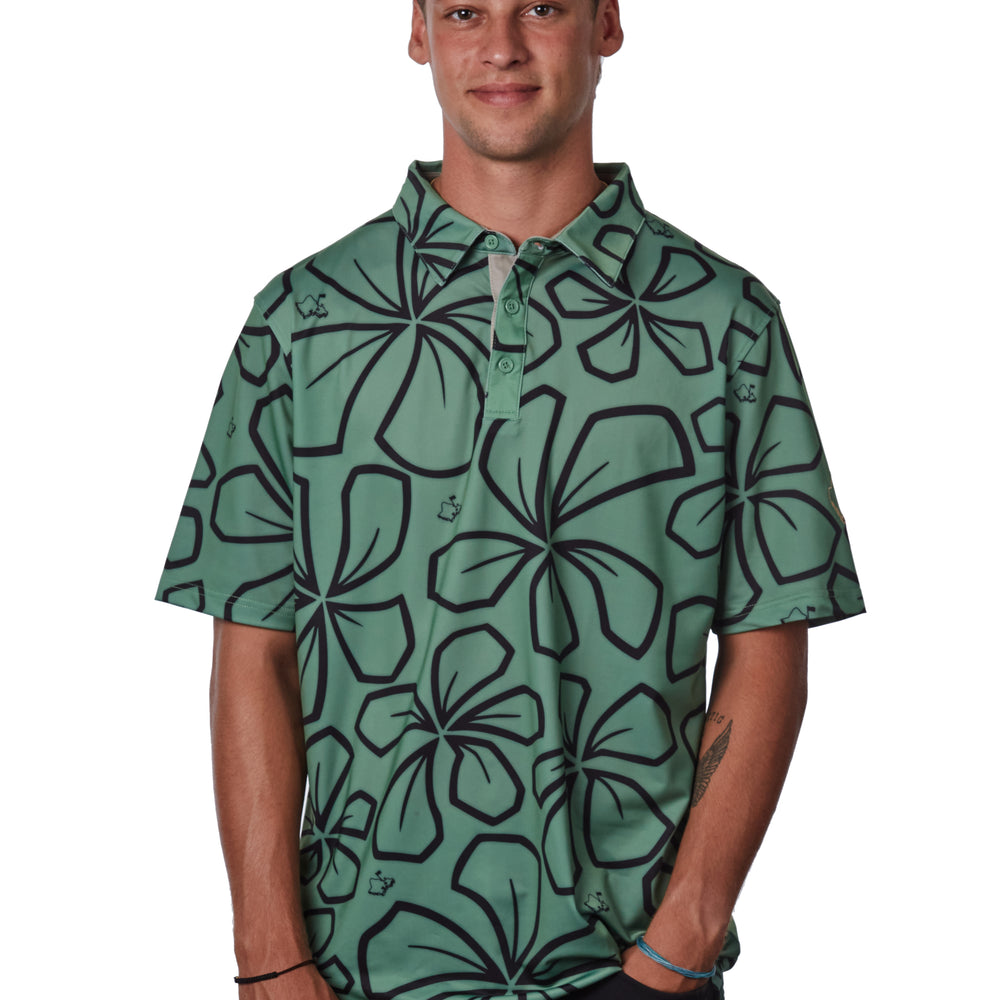 "Retro Plumeria" Luau Green - OGA Men's Polo - Luau Green / Black