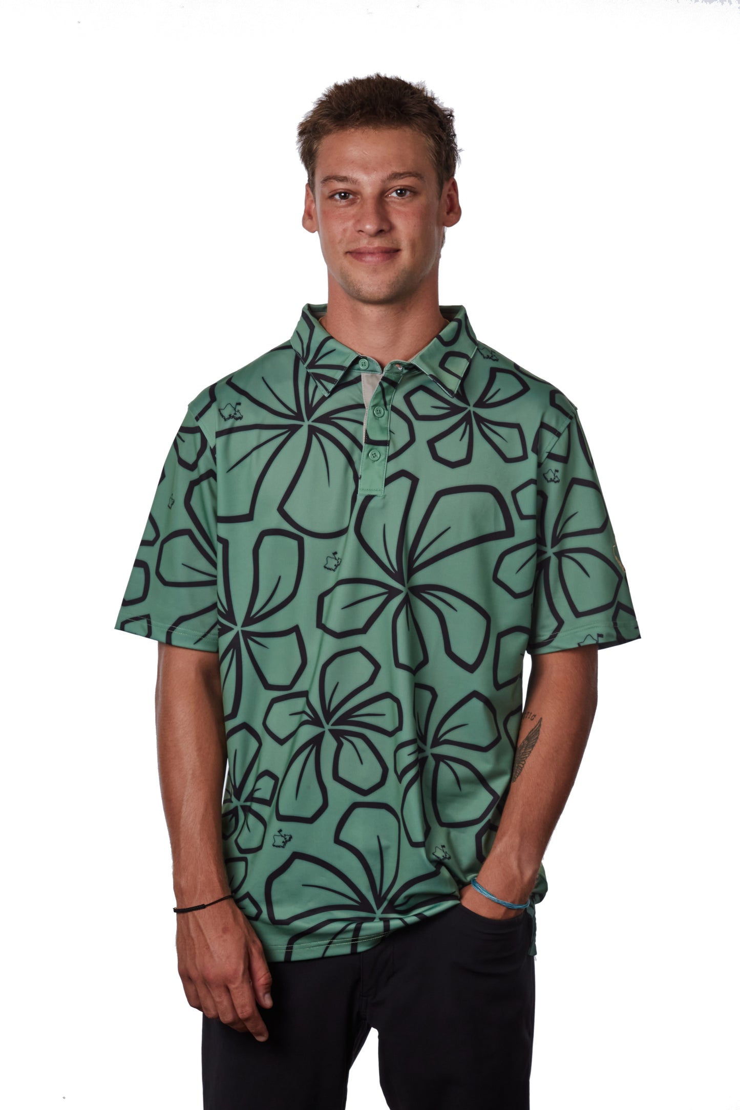 "Retro Plumeria" Luau Green - OGA Men's Polo - Luau Green / Black