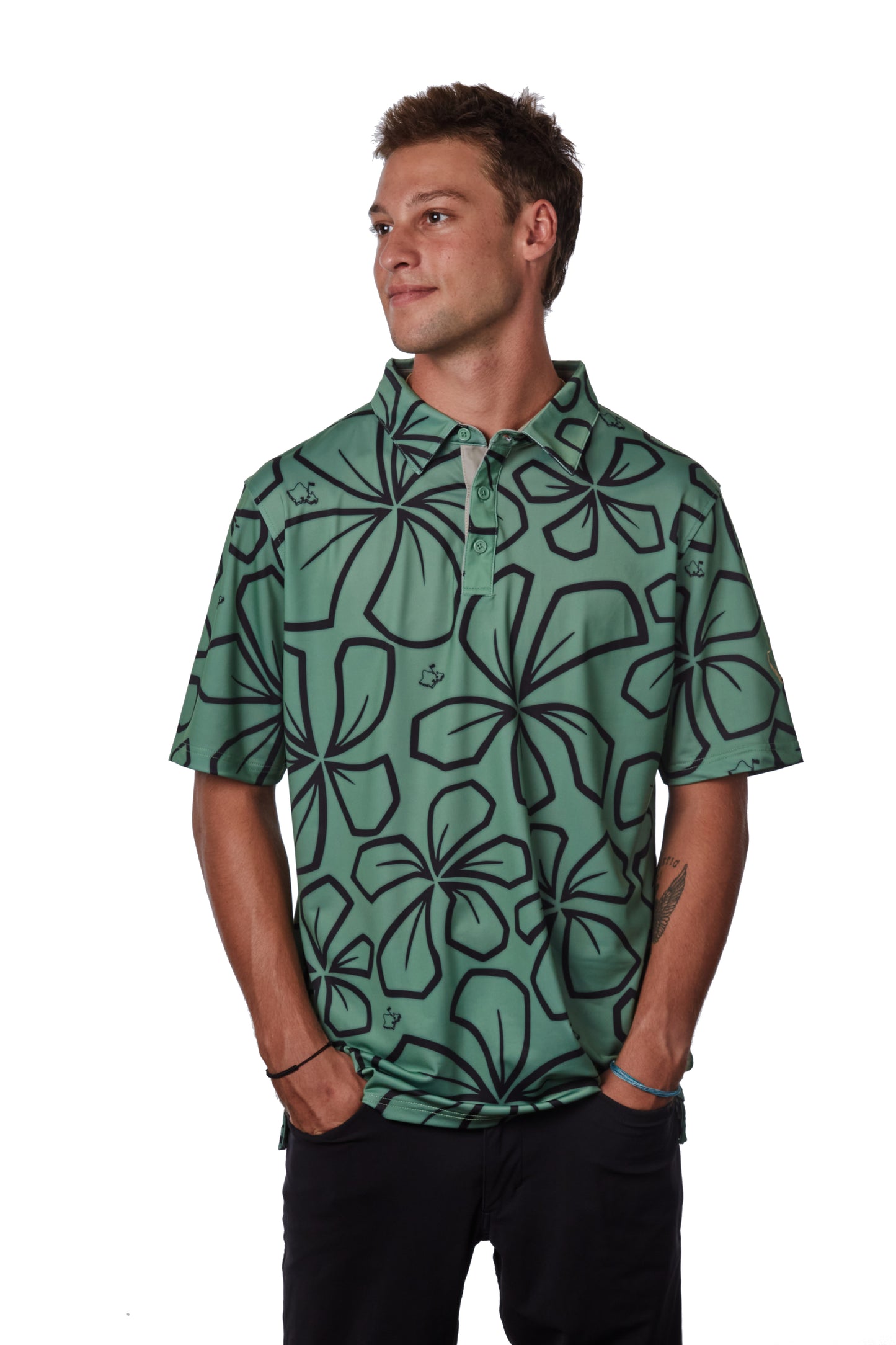 "Retro Plumeria" Luau Green - OGA Men's Polo - Luau Green / Black