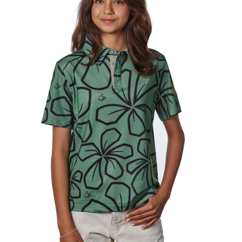 "Retro Plumeria" Luau Green - OGA Youth Polo - Luau Green / Black