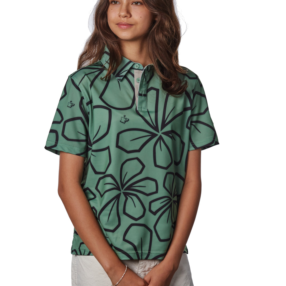 
                      
                        "Retro Plumeria" Luau Green - OGA Youth Polo - Luau Green / Black
                      
                    