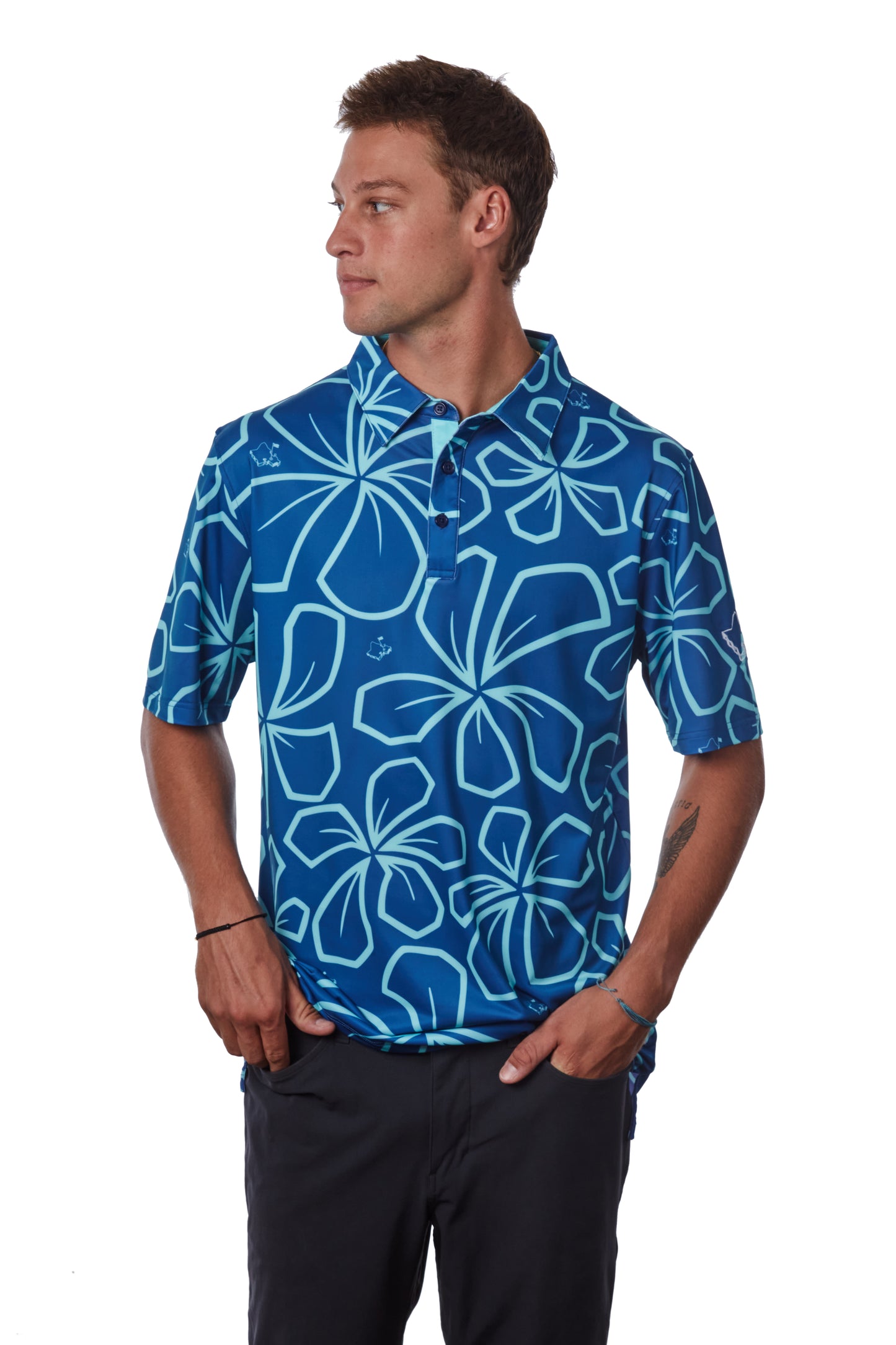 "Retro Plumeria" Makapu'u Blue - OGA Men's Polo - Makapu'u Blue / Sky Blue