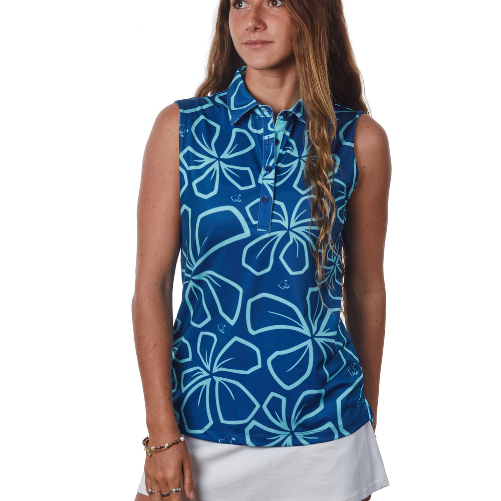 "Retro Plumeria" Makapu'u Blue  - OGA Women's Sleeveless Polo - Makapu'u Blue / Sky Blue