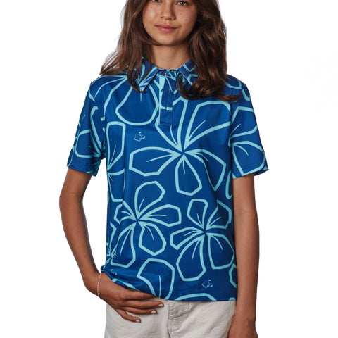 "Retro Plumeria" Makapu'u Blue - OGA Youth Polo - Makapu'u Blue / Sky Blue