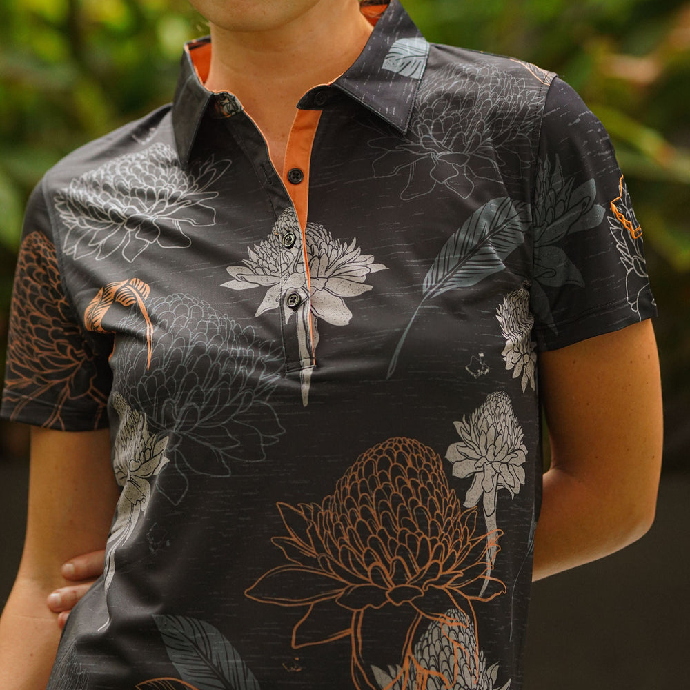 "Tropical Ginger" Clear Black - OGA Women's Polo - Black / Tan