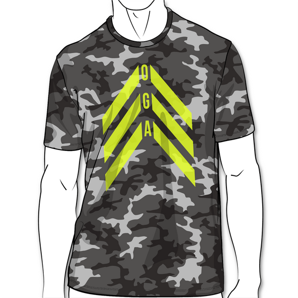 "Chevron Icon" UNISEX Graphic Tee - Riverstone Camo - High Viz Safety Green