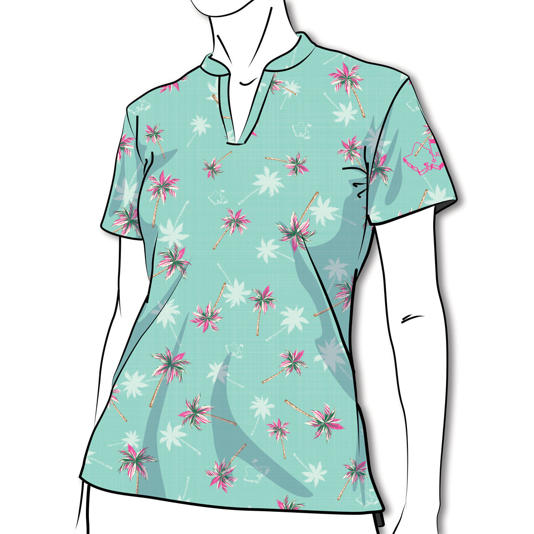 Oahu Golf Apparel - "Palms" Women's Polo -  Patterned Hawaii Polo In Green For Women - Luxury Golf, Work, & Play Women's Polo Shirt