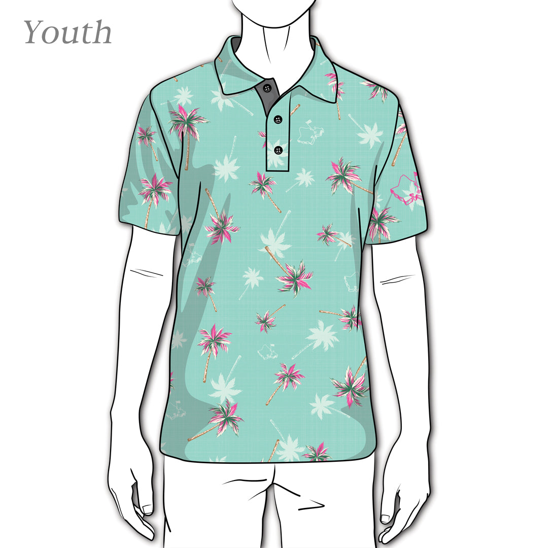 Oahu Golf Apparel - "Palms" - Patterned Hawaii Polo in Mint Green For Kids - Golf & Play Youth Polo Shirt